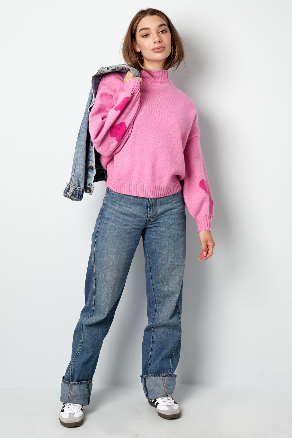 Gebreide Wolmix Vrouwen Oversized Trui Hart Appliqué Ontwerp