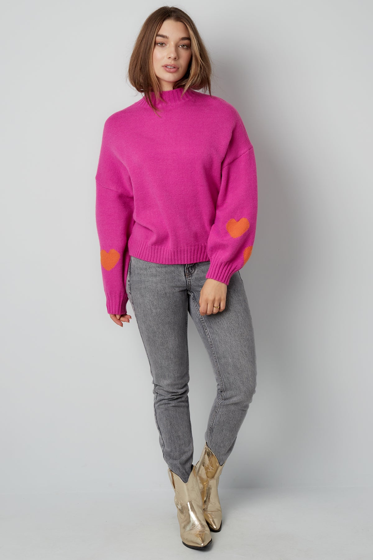Gebreide Wolmix Vrouwen Oversized Trui Hart Appliqué Ontwerp