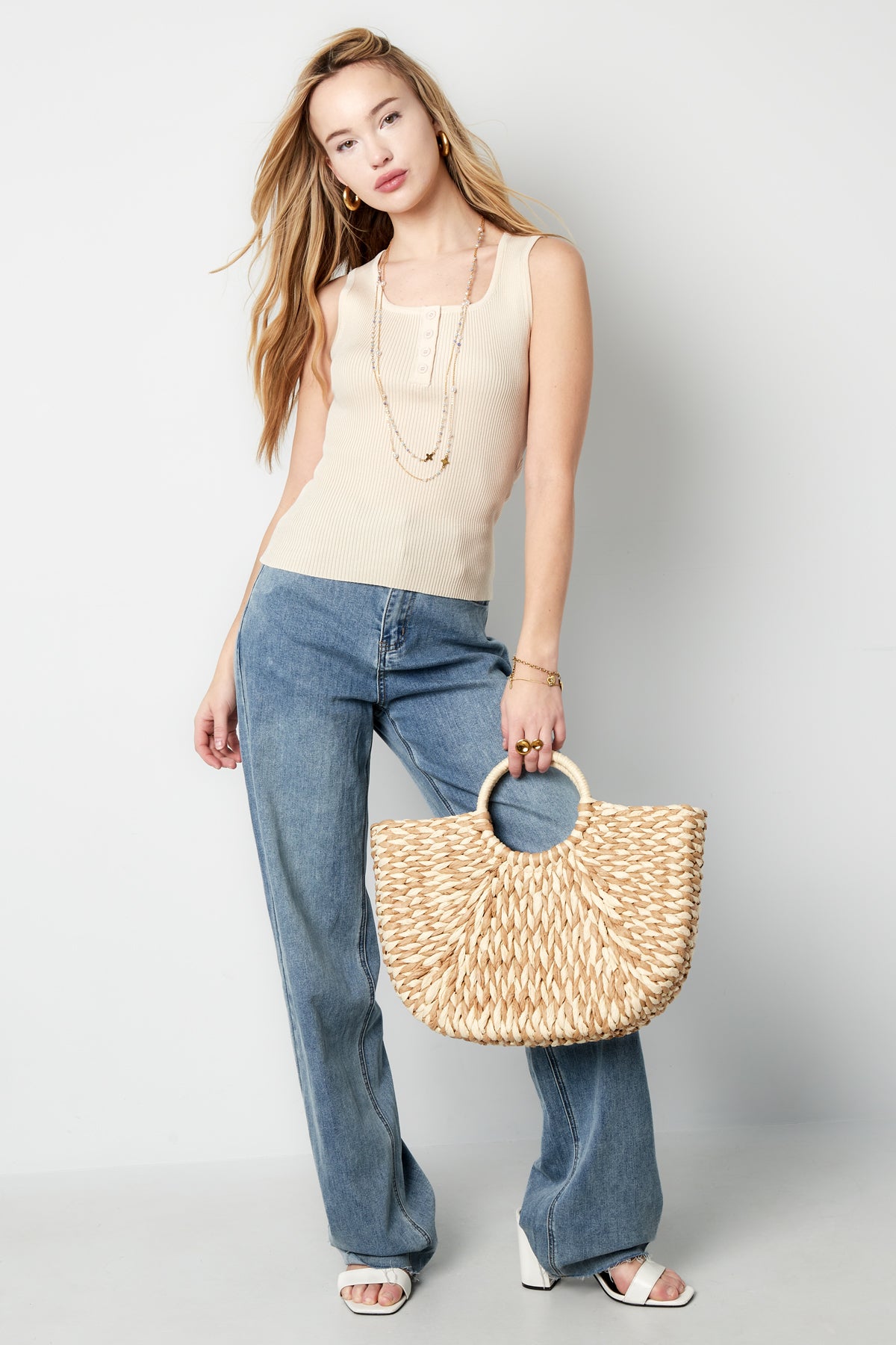 Viscose Vrouwen Mouwloze Top Ribbeltricot Knopvoorkant