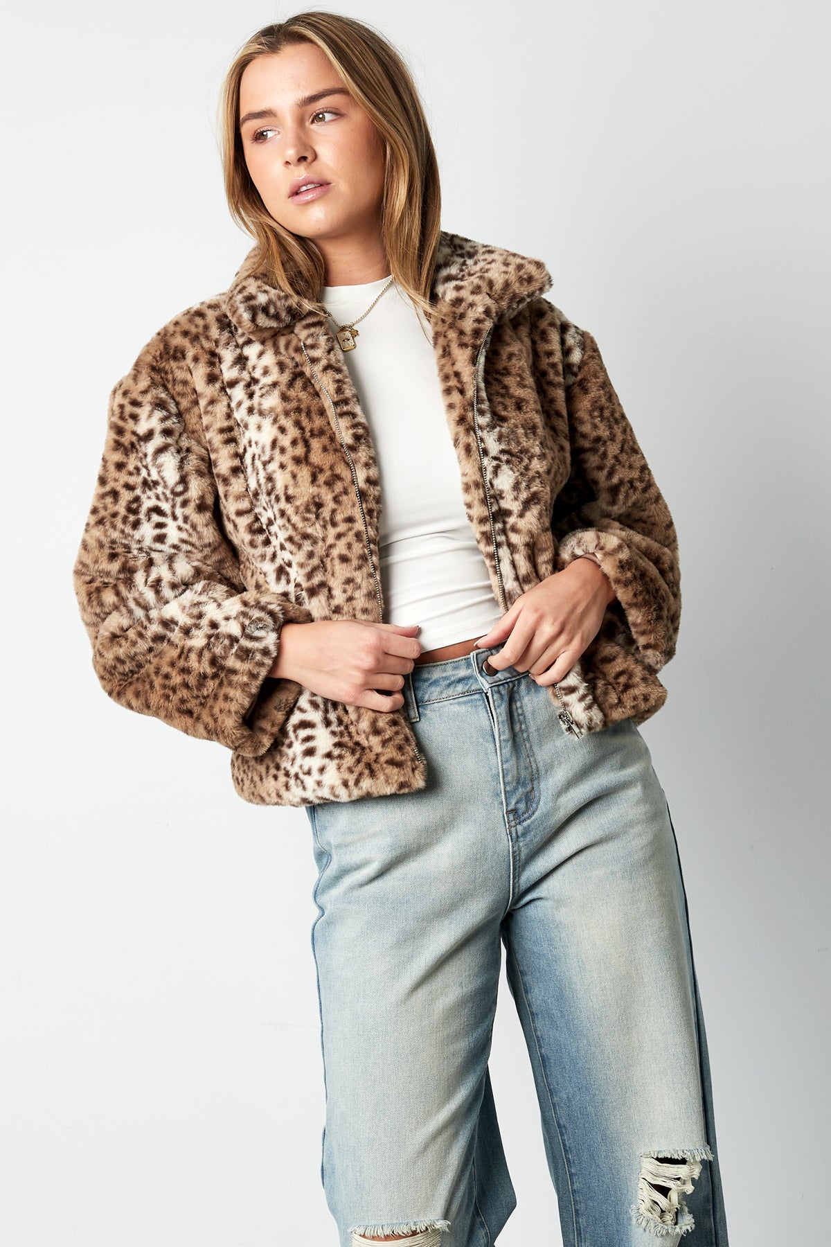 Polyester Valse Bont Dames Jas Luipaardprint Warm en Comfortabel