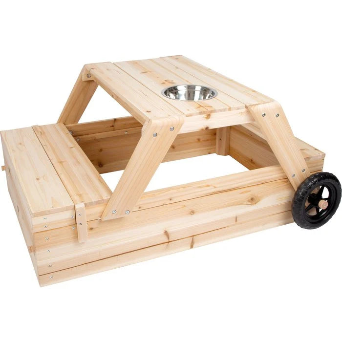 Zandbak met zitgedeelte en moddertafel | Houten speelgoed