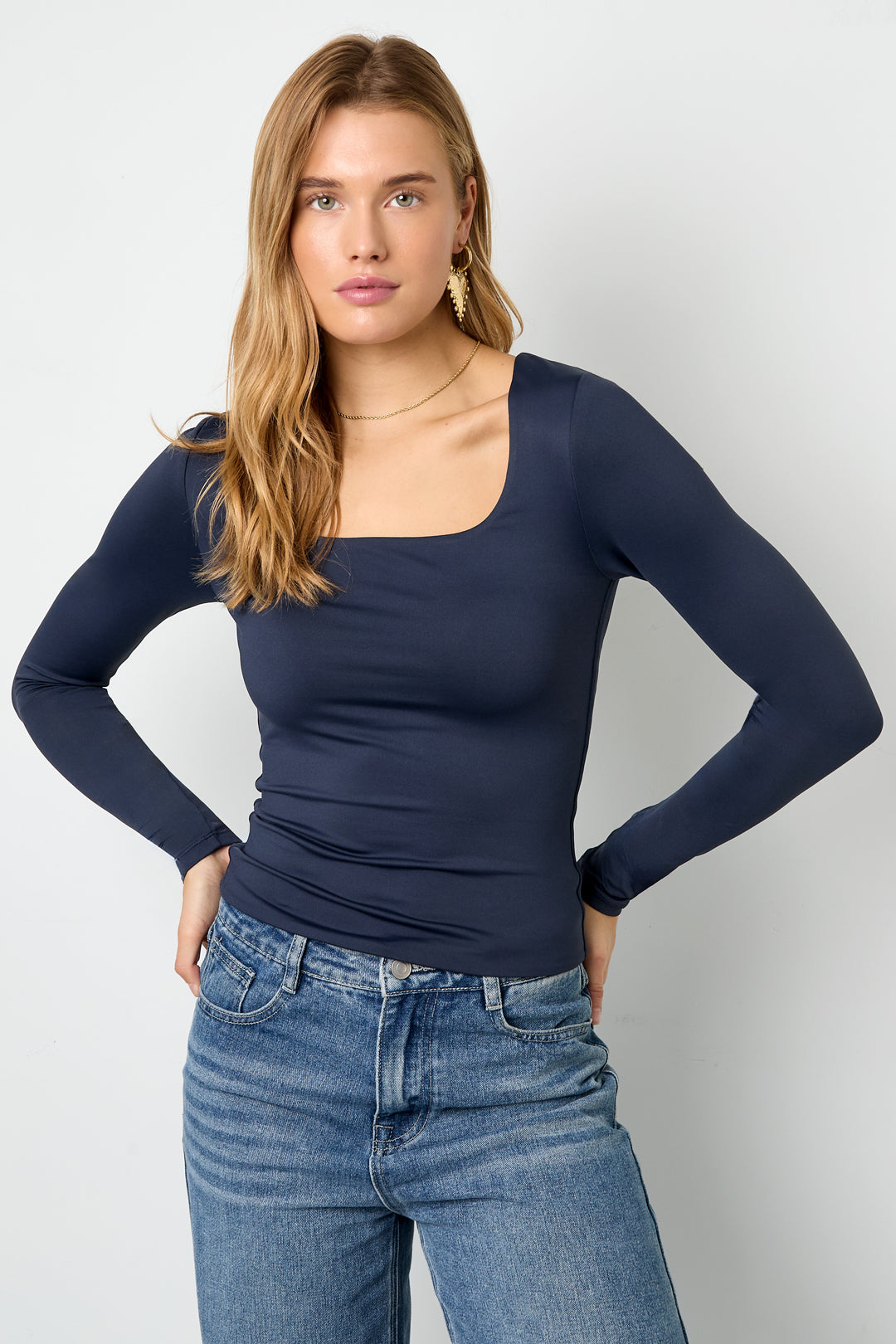 Gebreide Nylon Vrouwen Lange Mouw Top Basis Solide Kleur