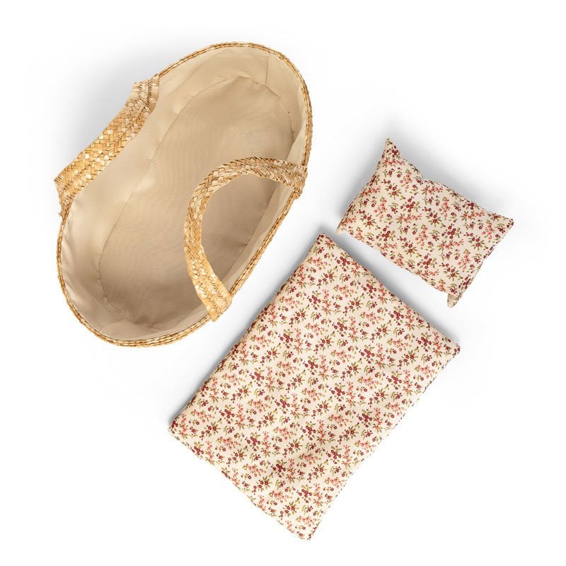 Rieten Poppenreiswieg | Mozes mandje met bedsetje 35cm