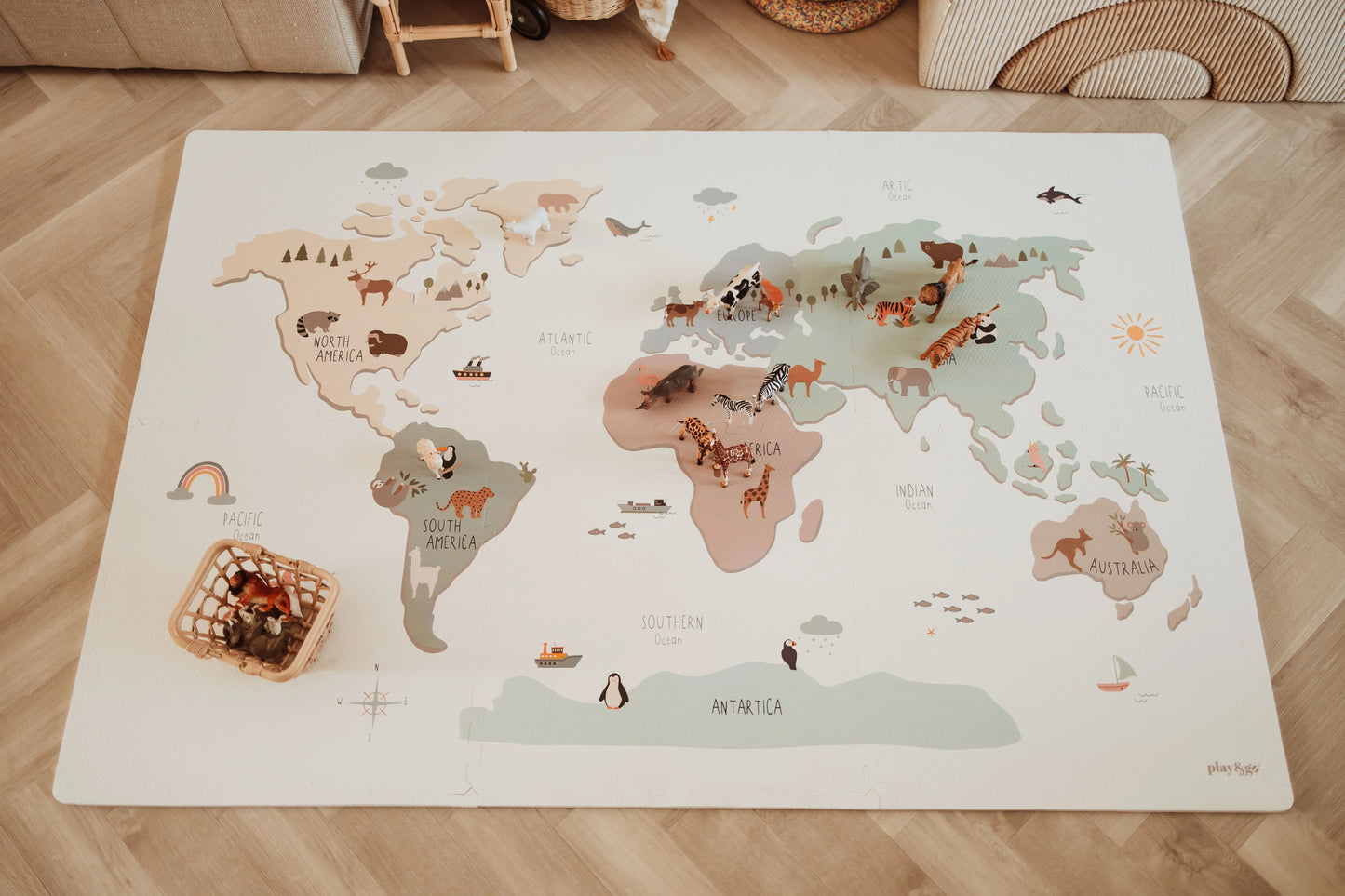 Play&Go EEVAA 3-in-1 Speelmat | Wereldmap | Spelenderwijs ontdekken, opbergen & bouwen
