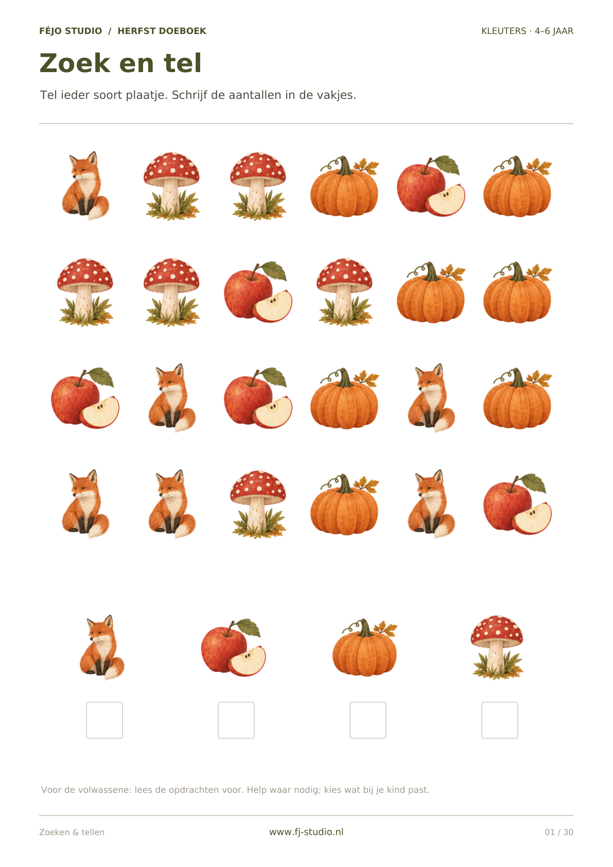 Voorbeeld van het herfstdoeboek voor kleuters van Féjo Studio