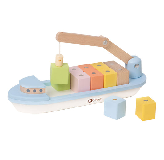 Houten Blokkenboot met Kraan | 13 delig