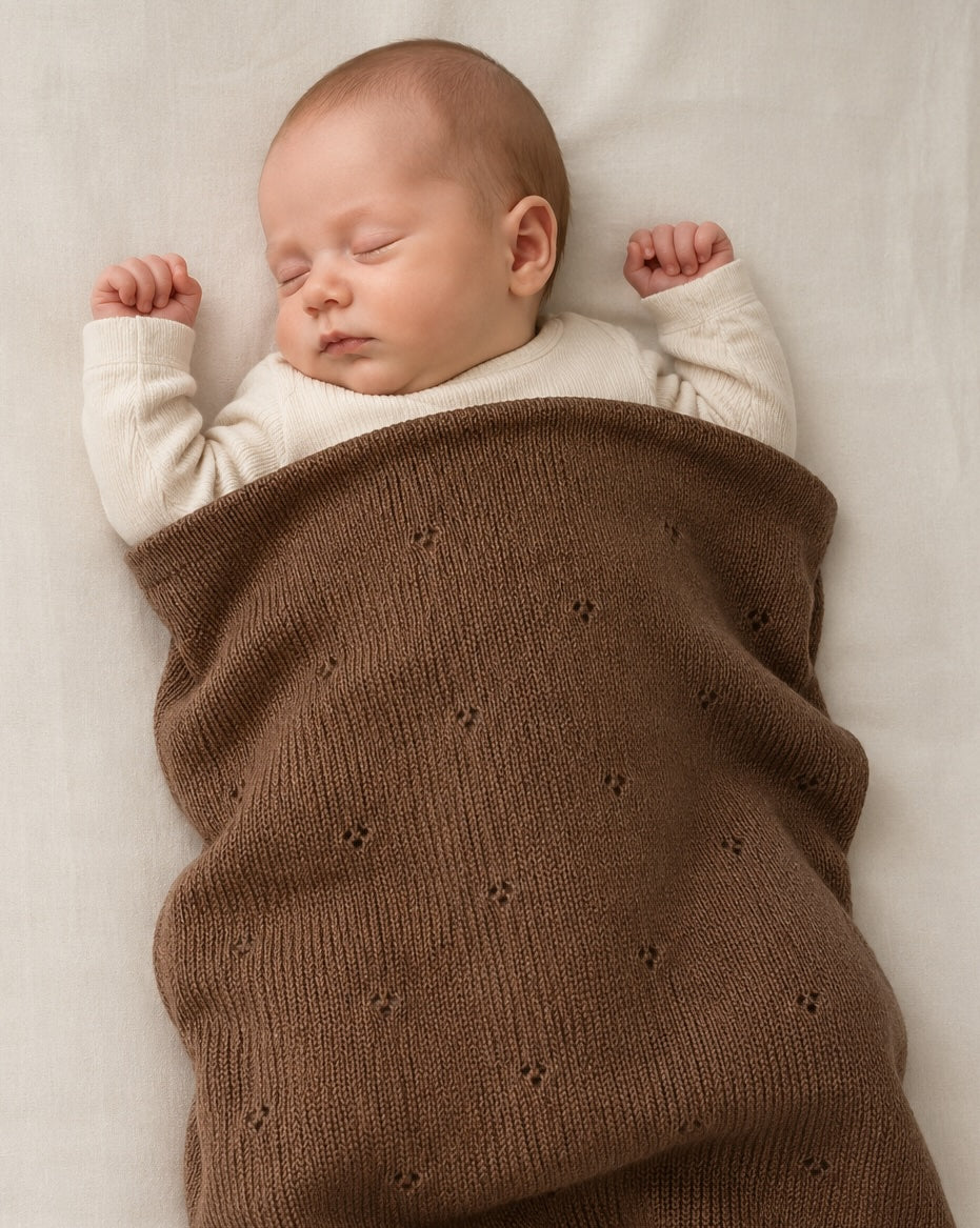 Babydeken van 100% Merinowol | zacht | 75x100cm | Bruin Pointelle
