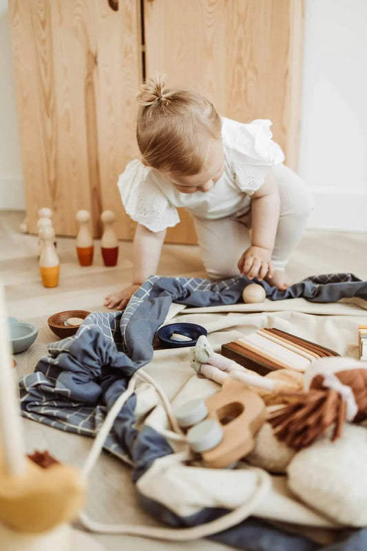 Play&Go | Speel- & Opbergkeed | Organic Cotton Blue met Rasterpatroon