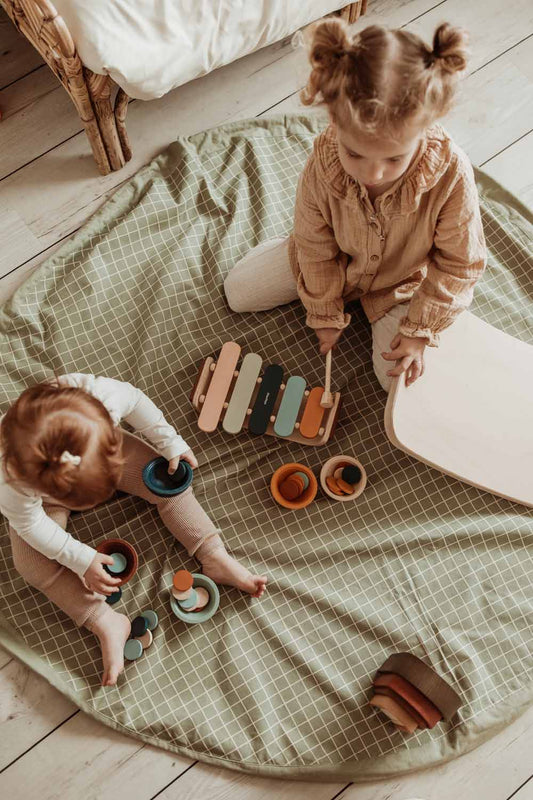 Play&Go | Speel- & Opbergkeed | Organic Cotton Green met Rasterpatroon