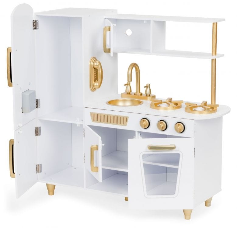 Large White and Gold Wooden Play Kitchen for Children