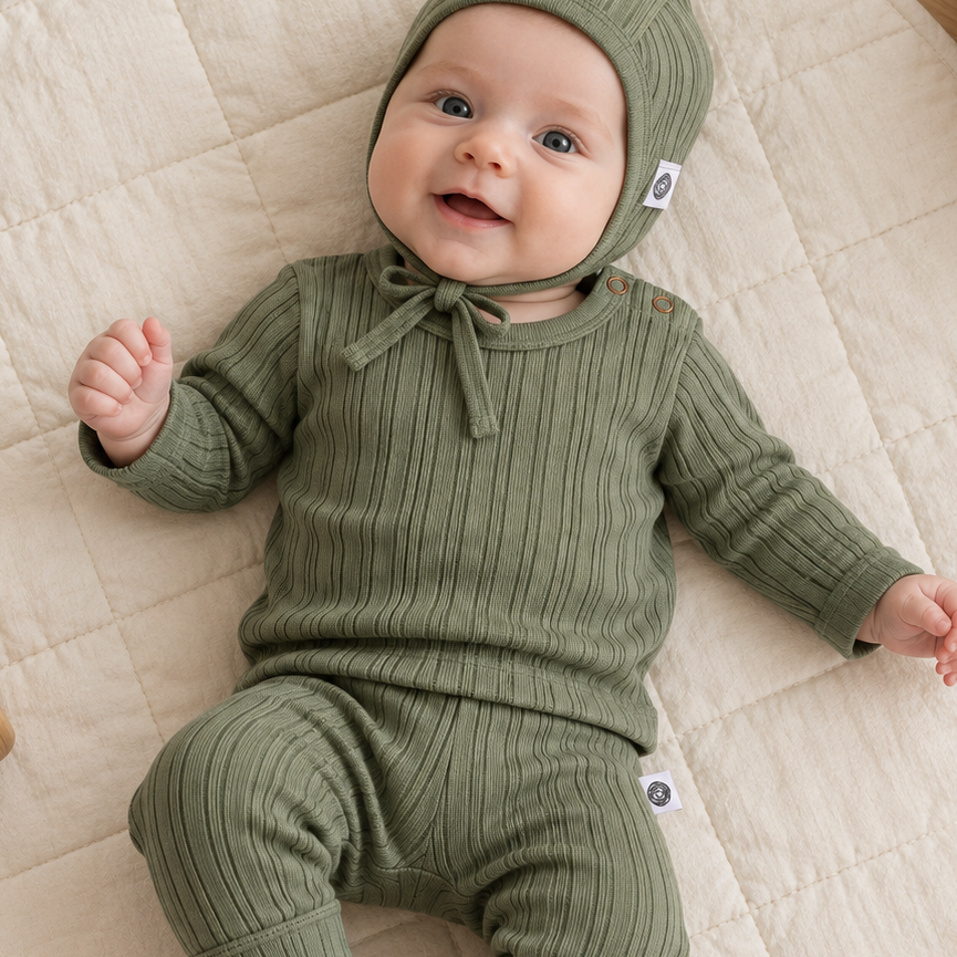 Illustratief sfeerbeeld van baby met Lille Barn-ribset Oil Green