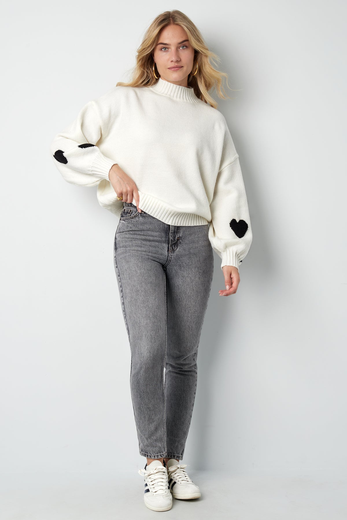 Gebreide Wolmix Vrouwen Oversized Trui Hart Appliqué Ontwerp