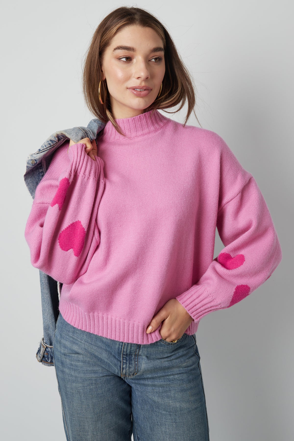 Gebreide Wolmix Vrouwen Oversized Trui Hart Appliqué Ontwerp