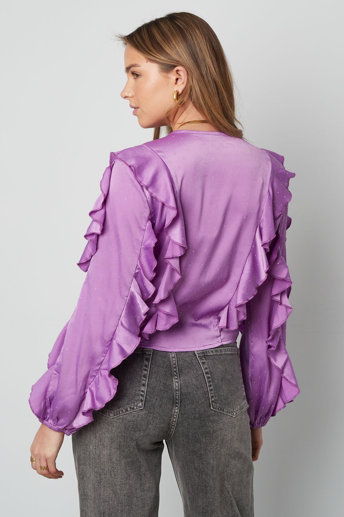 Polyester Vrouwen Lange Mouw Top Met Plooien Voorzijde Knoop