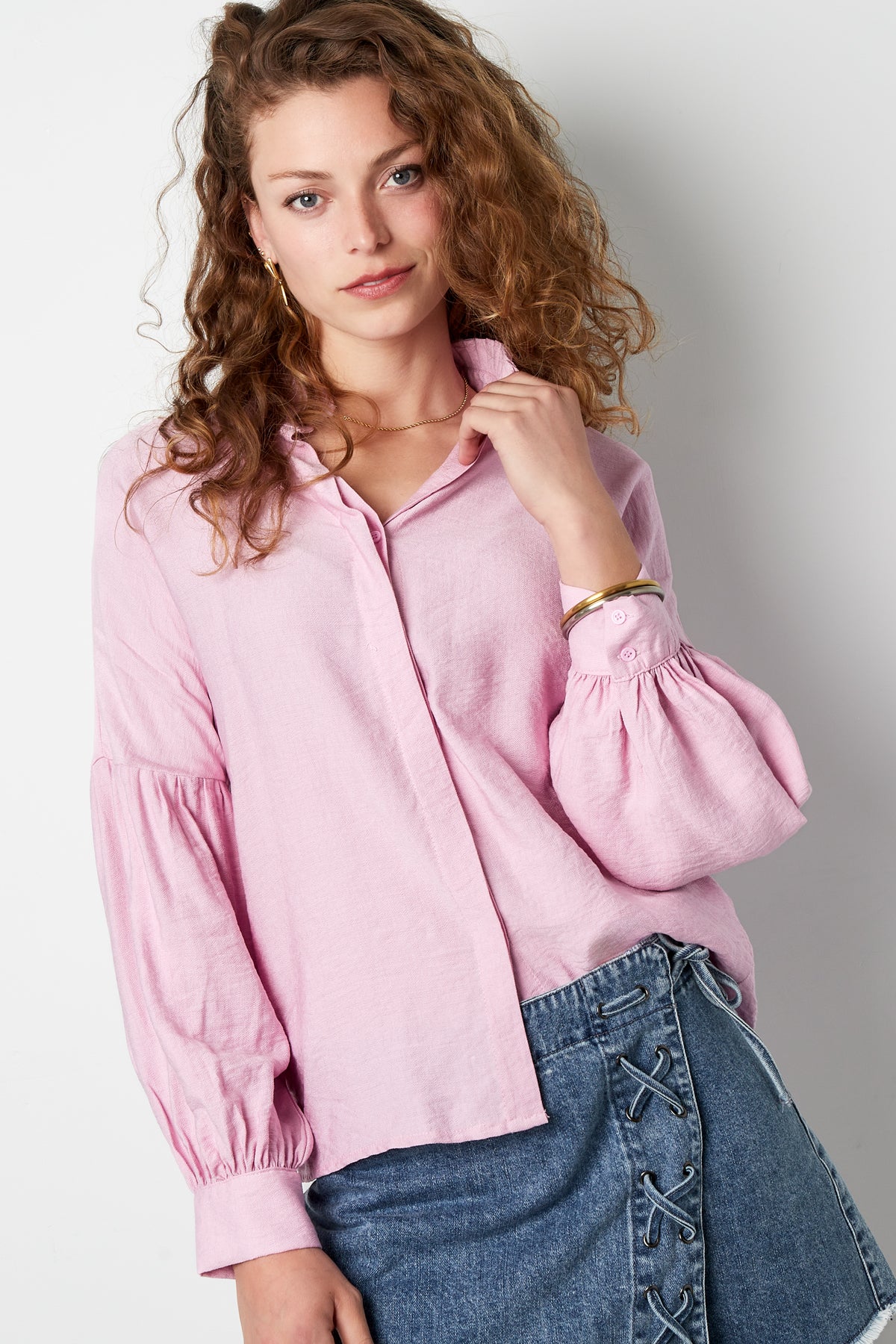 Viscose Vrouwen Overhemd Puff Mouw Hoge Kraag