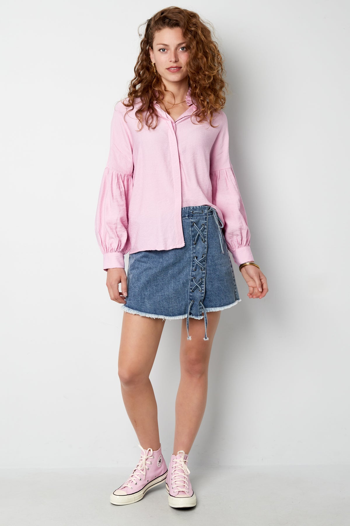 Viscose Vrouwen Overhemd Puff Mouw Hoge Kraag