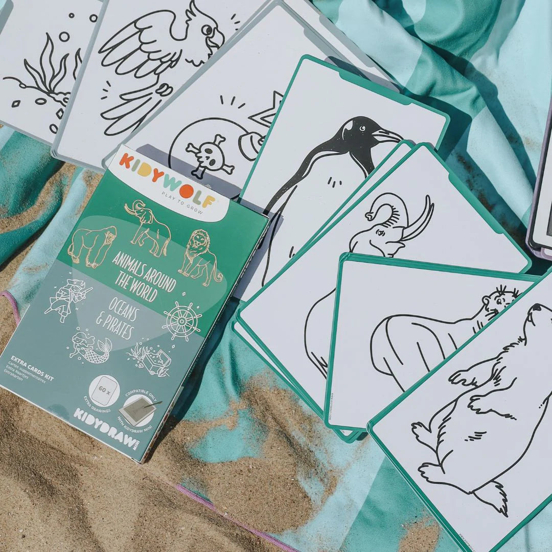 Refill KIDYDRAW-MINI | Extra kaarten met het thema “Dieren over de hele wereld en Oceanen & Piraten