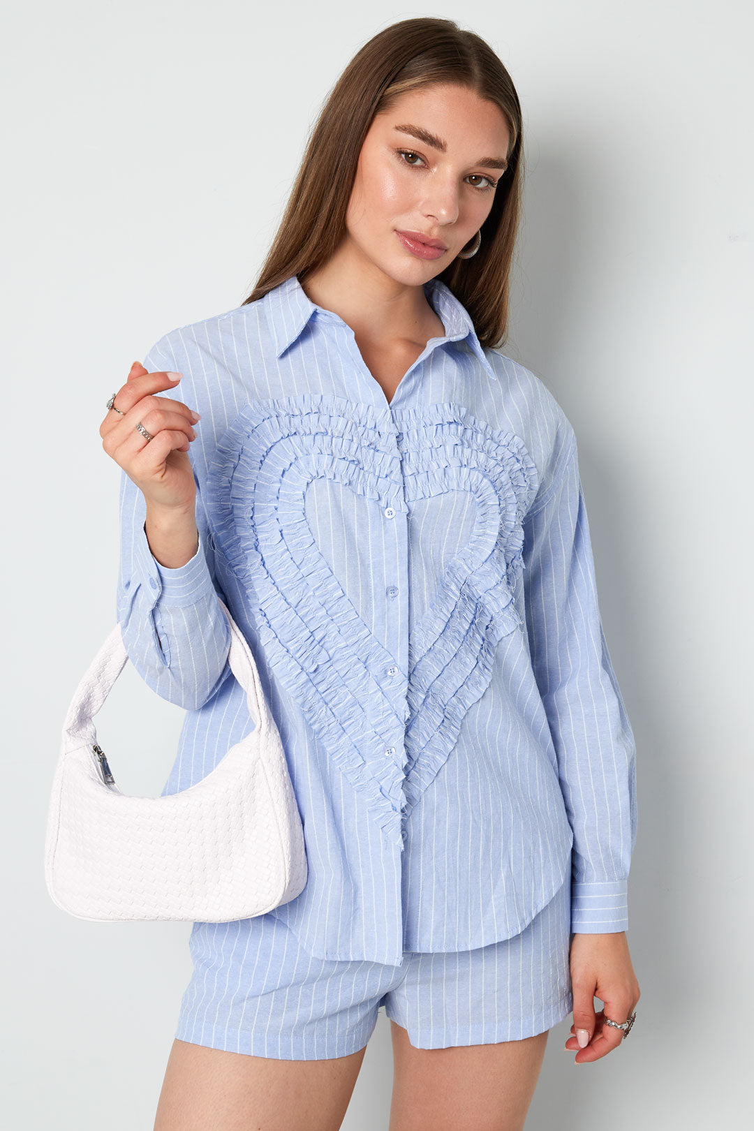 Cotton Woven Vrouwen Overhemd Casual Stripes Hart Ruffle Detail