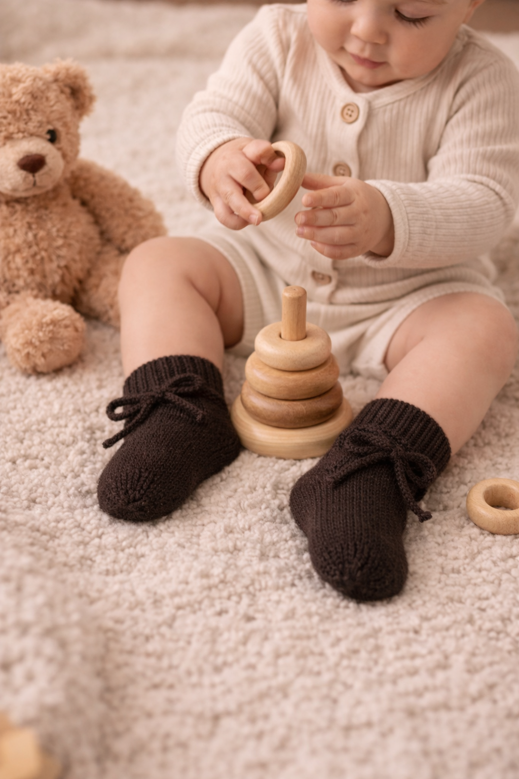 Wollen Baby sokjes | Newborn Sokjes 6-12 maanden | Merinowol | Bruin