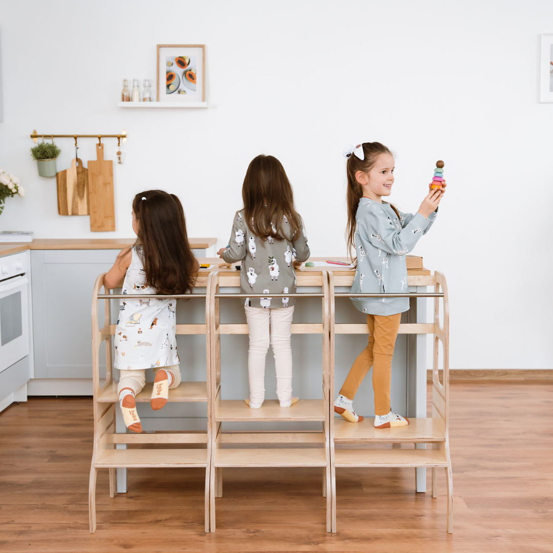 STEP UP Adjustable Height Helper Tower With Support Legs - Natural Wood