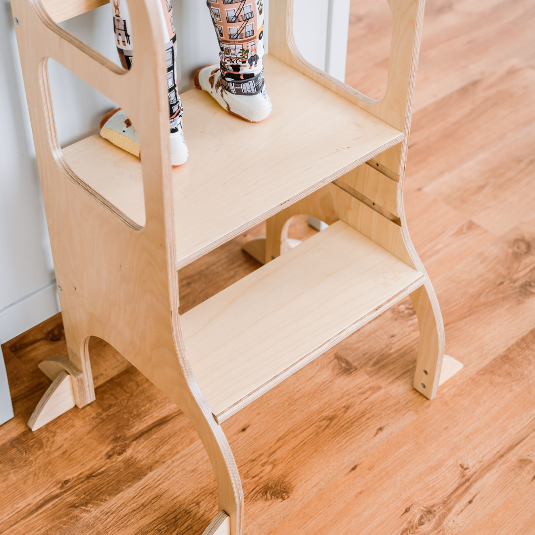 STEP UP Adjustable Height Helper Tower With Support Legs - Natural Wood