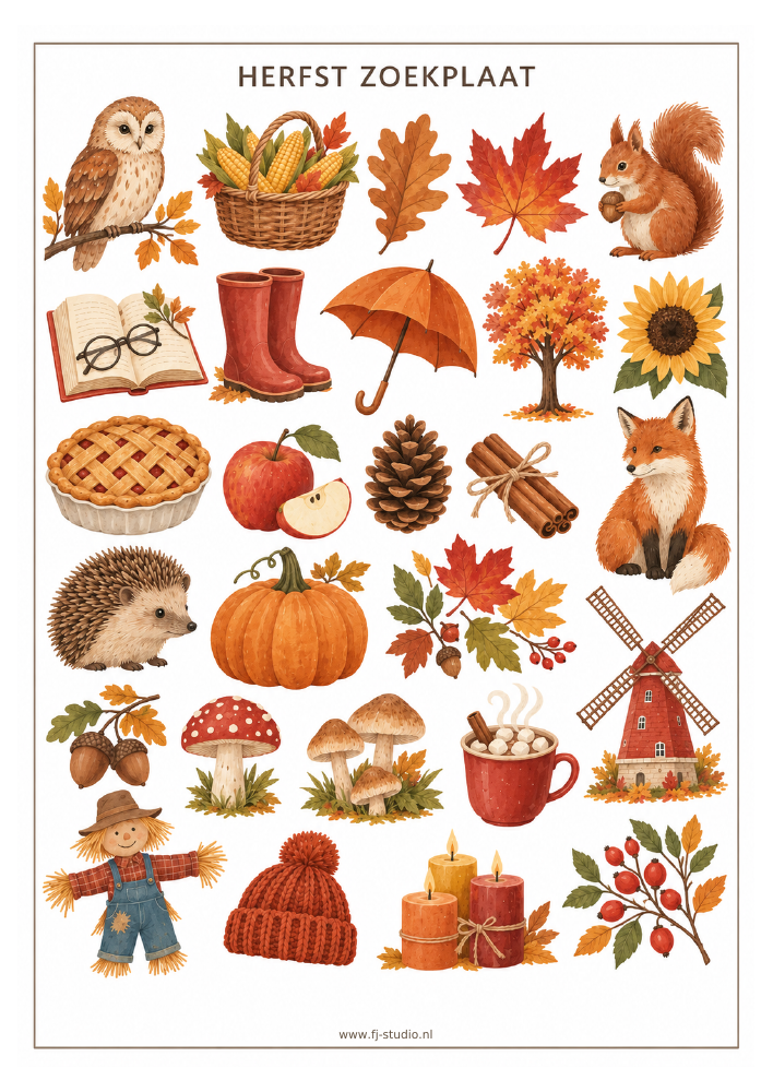 Herfst zoekspel van Féjo Studio – zoekplaat en afvinkblad