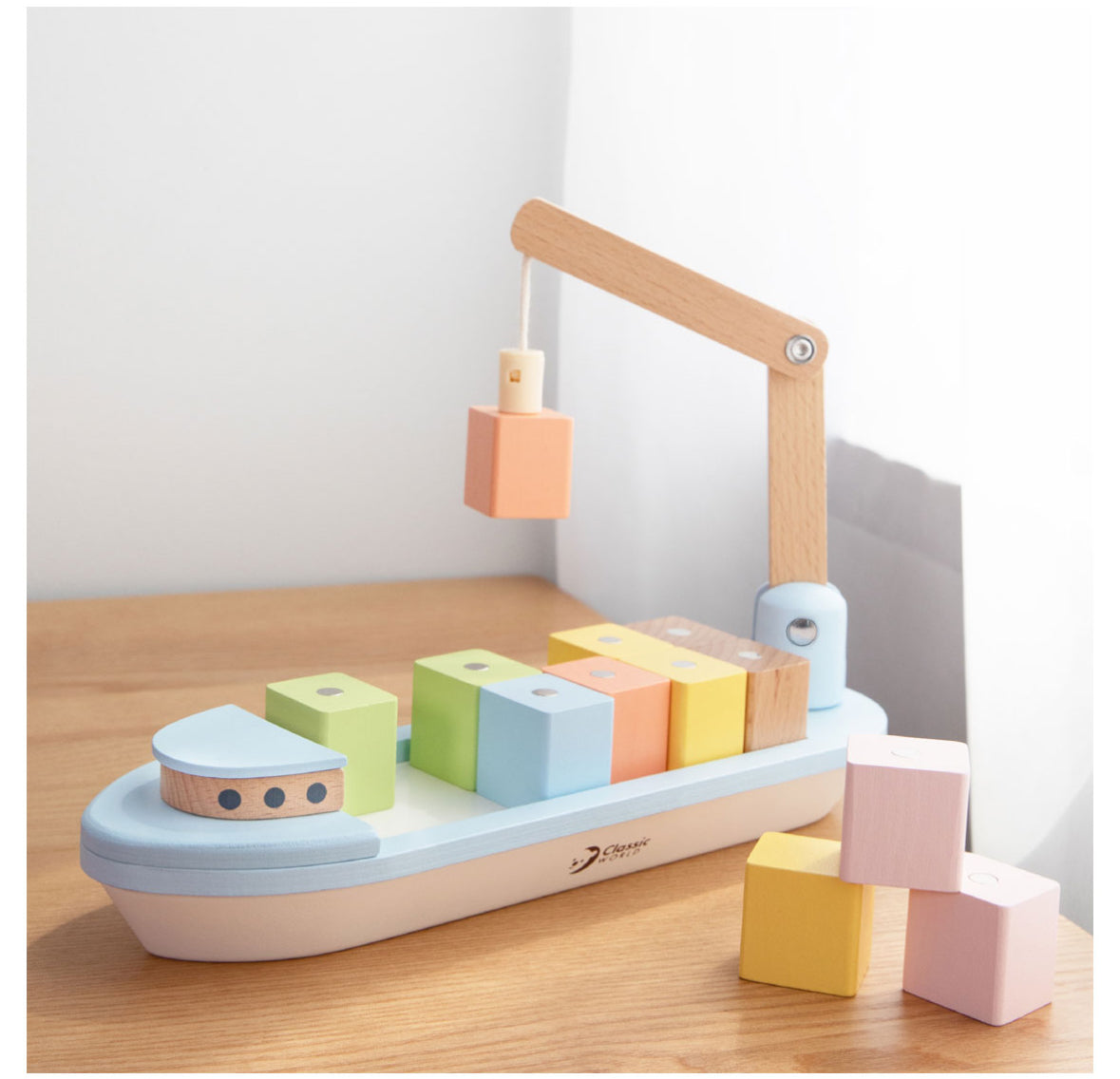 Houten Blokkenboot met Kraan | 13 delig