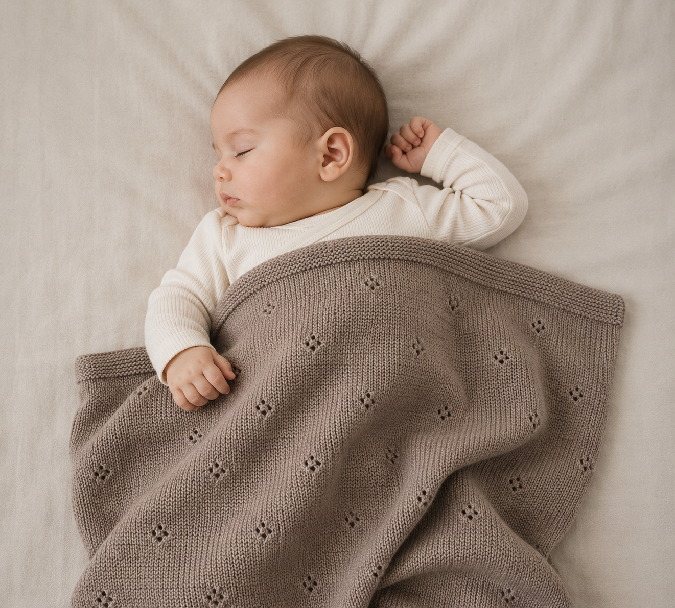 Babydeken van 100% Merinowol | zacht | 75x100cm | Taupe Pointelle