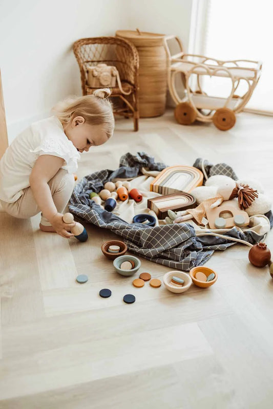 Play&Go | Speel- & Opbergkeed | Organic Cotton Blue met Rasterpatroon