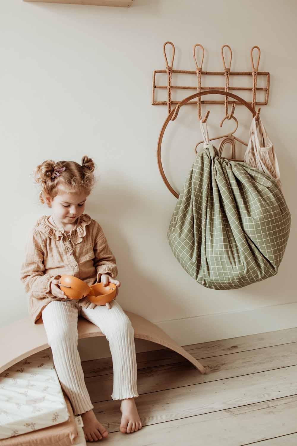 Play&Go | Speel- & Opbergkeed | Organic Cotton Green met Rasterpatroon