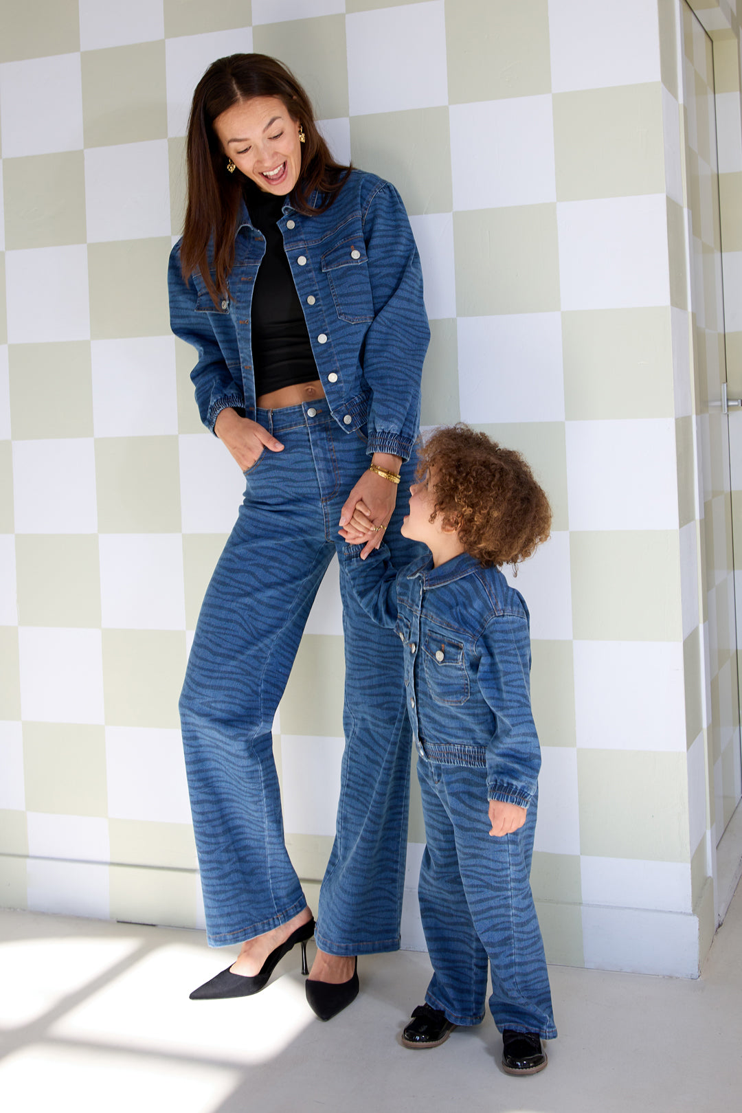 Denim Vrouwen Jas Kort Tiger Stripe Patroon