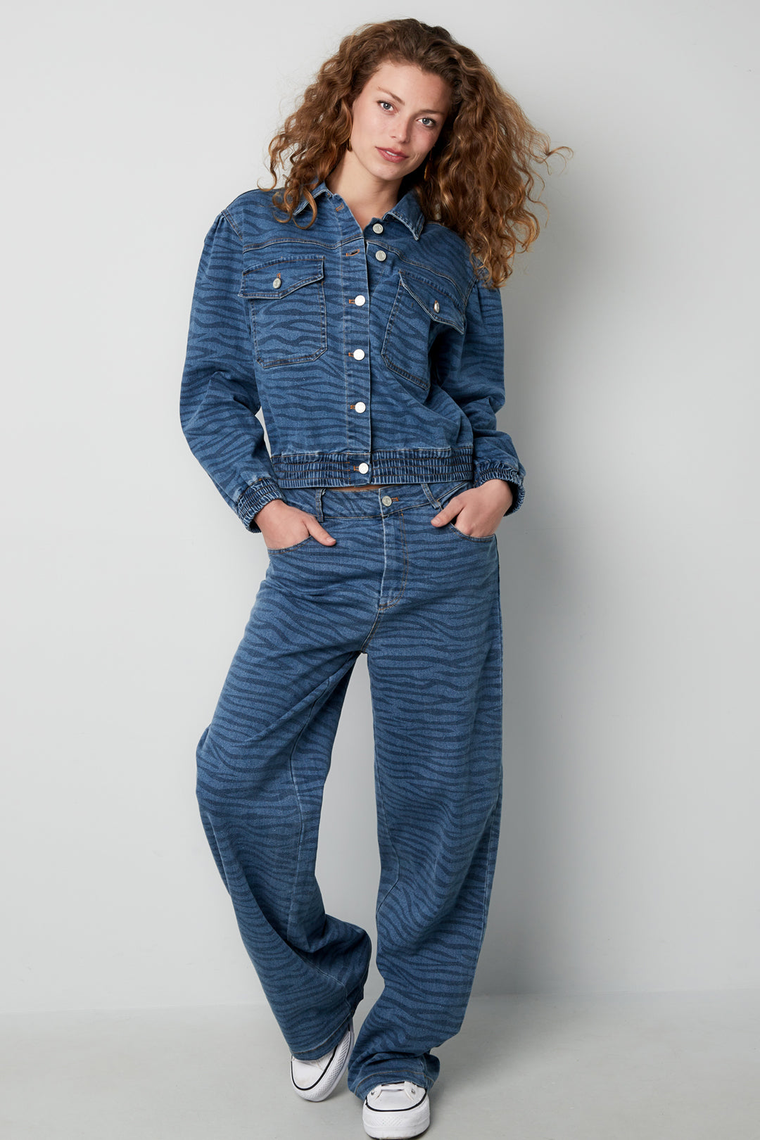 Denim Vrouwen Jas Kort Tiger Stripe Patroon