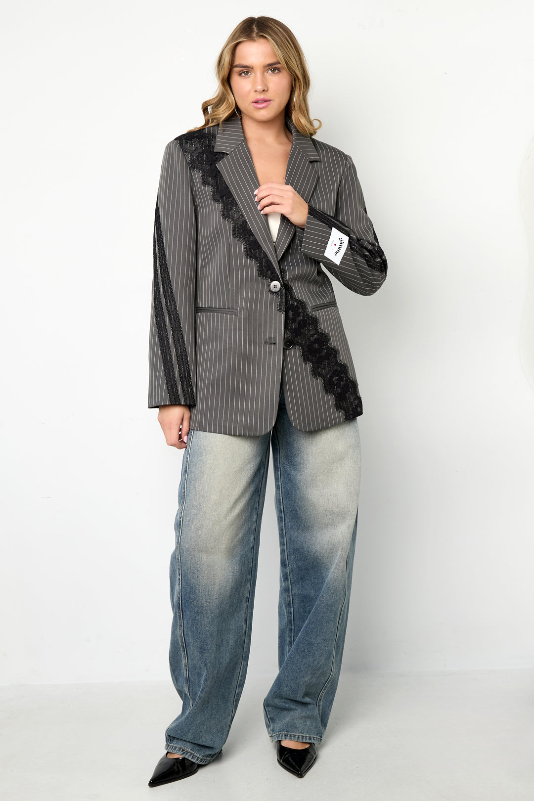Geweven Polyestervezel Vrouwen Suit Set Elegant Strepen Kantenpaneel