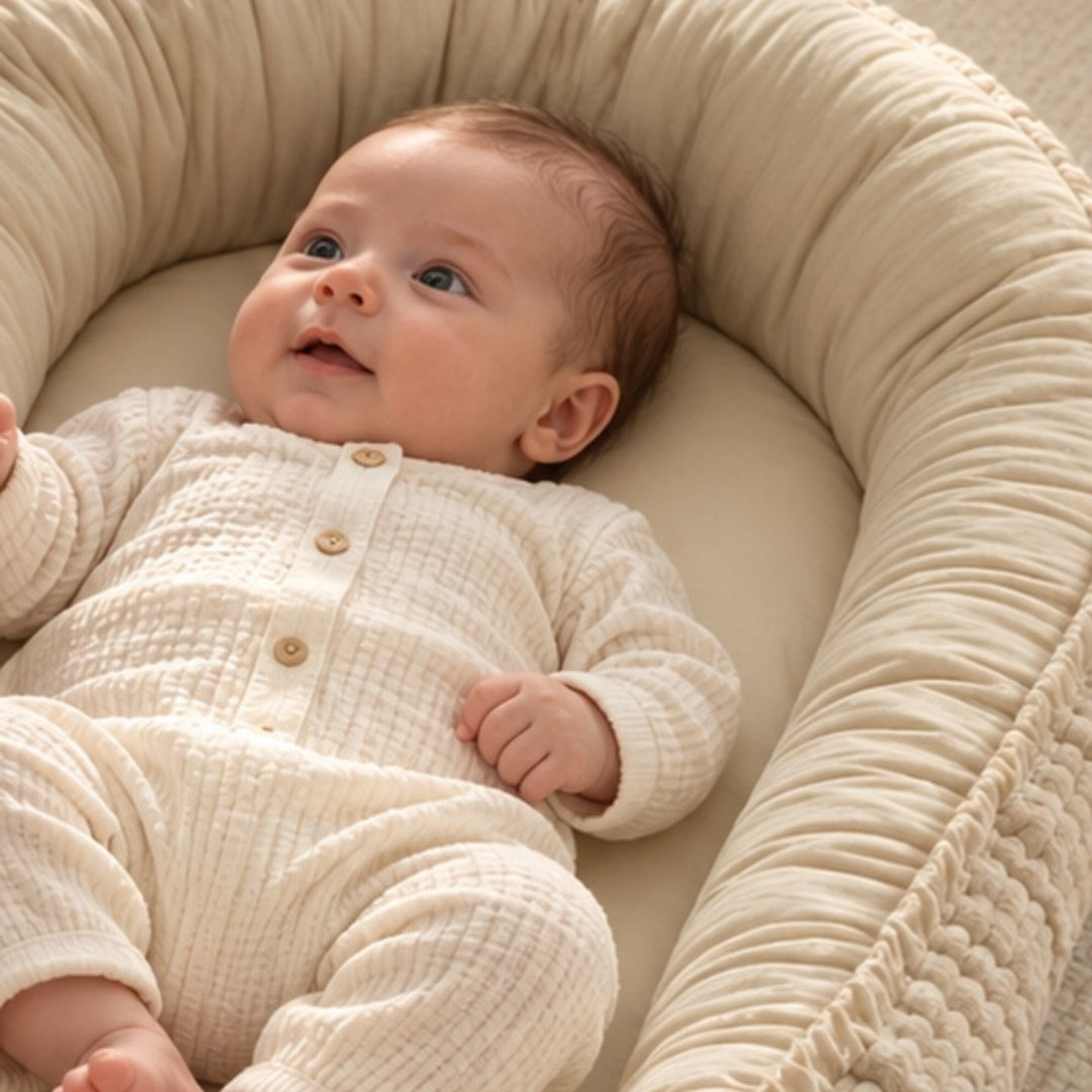 Babynestje beige met baby – Féjo Studio