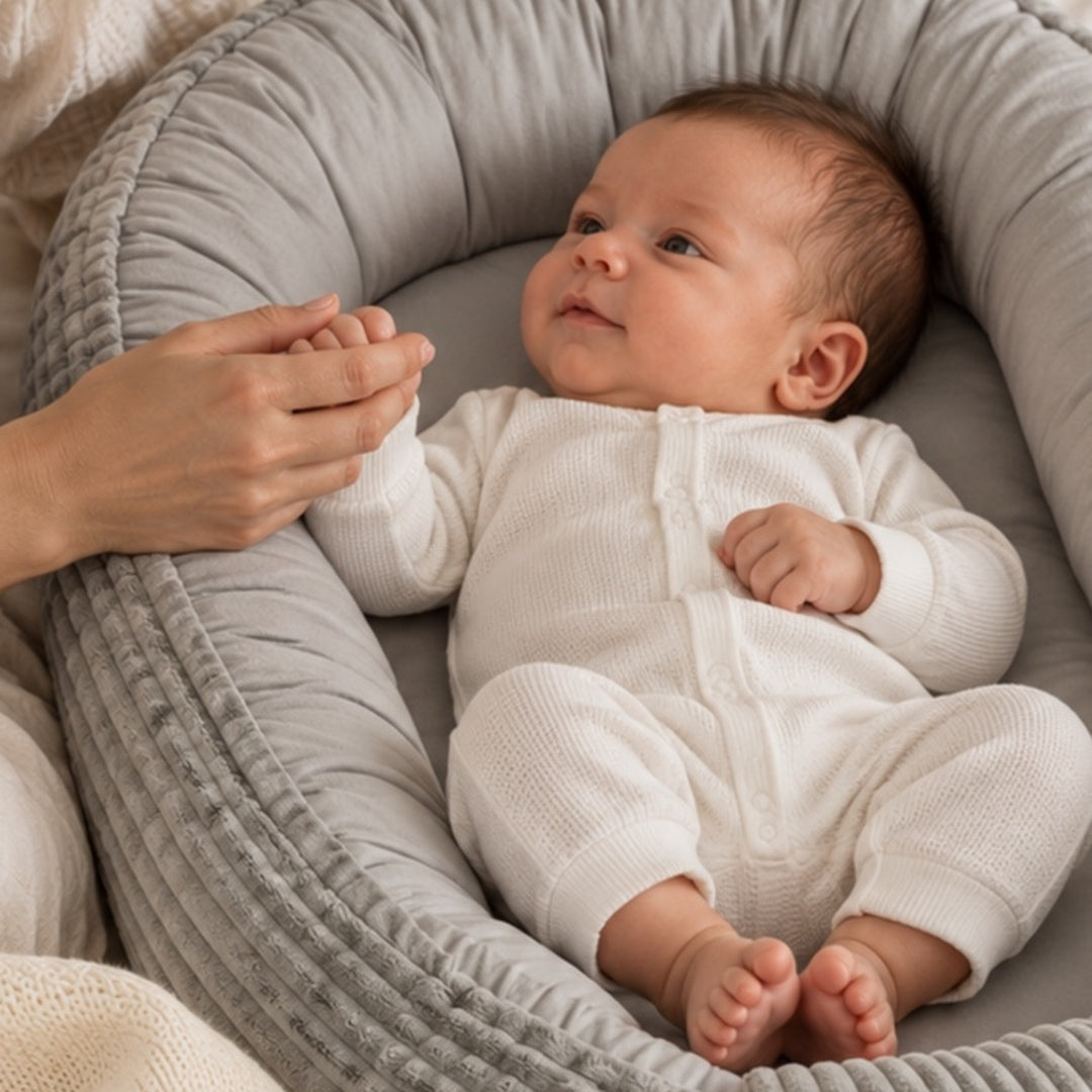 Babynestje grijs met baby – Féjo Studio