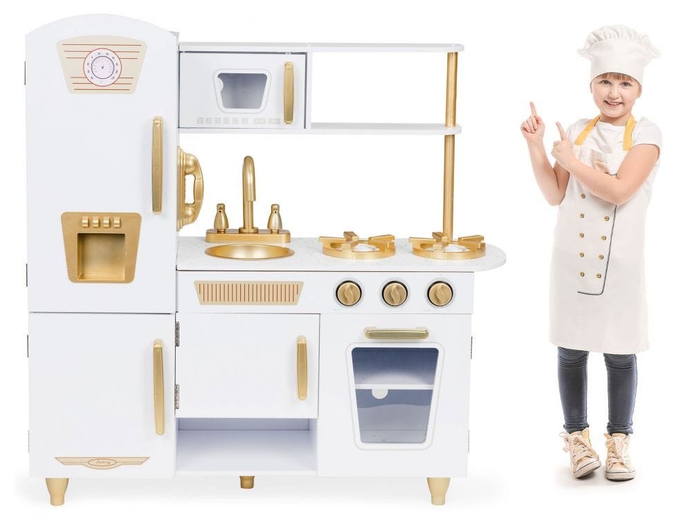 Large White and Gold Wooden Play Kitchen for Children