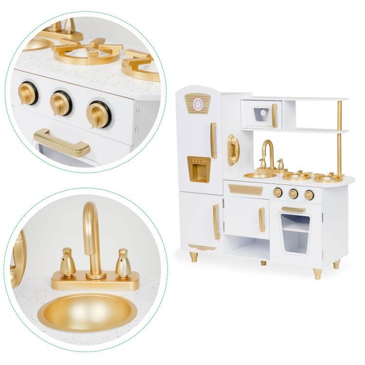 Large White and Gold Wooden Play Kitchen for Children