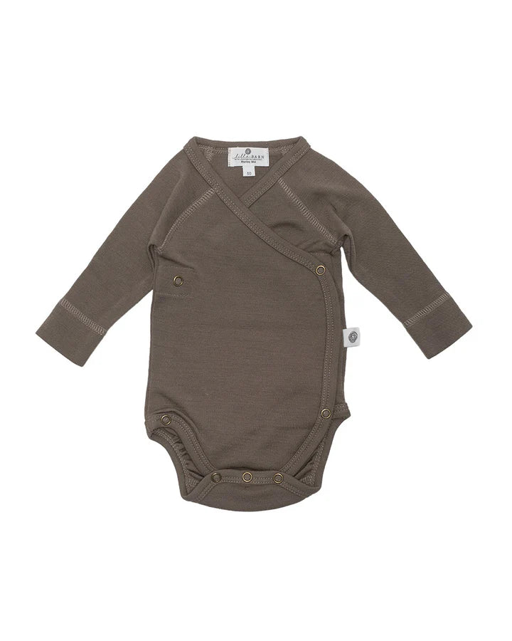 Wollen Overslagromper lange mouw | Merinowol | Walnut | Lille Barn