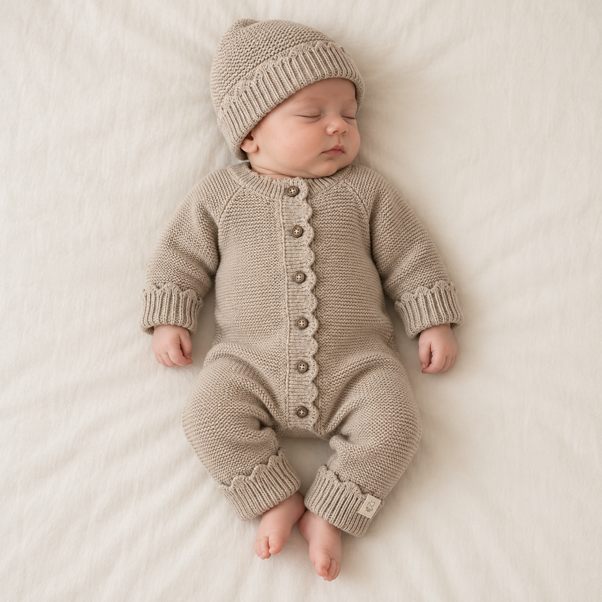 Sfeerbeeld van slapende baby in beige Luna pakje en mutsje