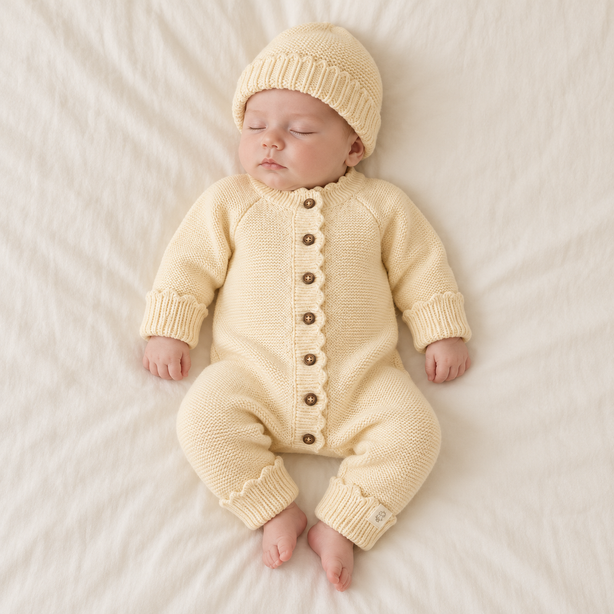 Sfeerbeeld van slapende baby in Buttercup Yellow Luna pakje en mutsje