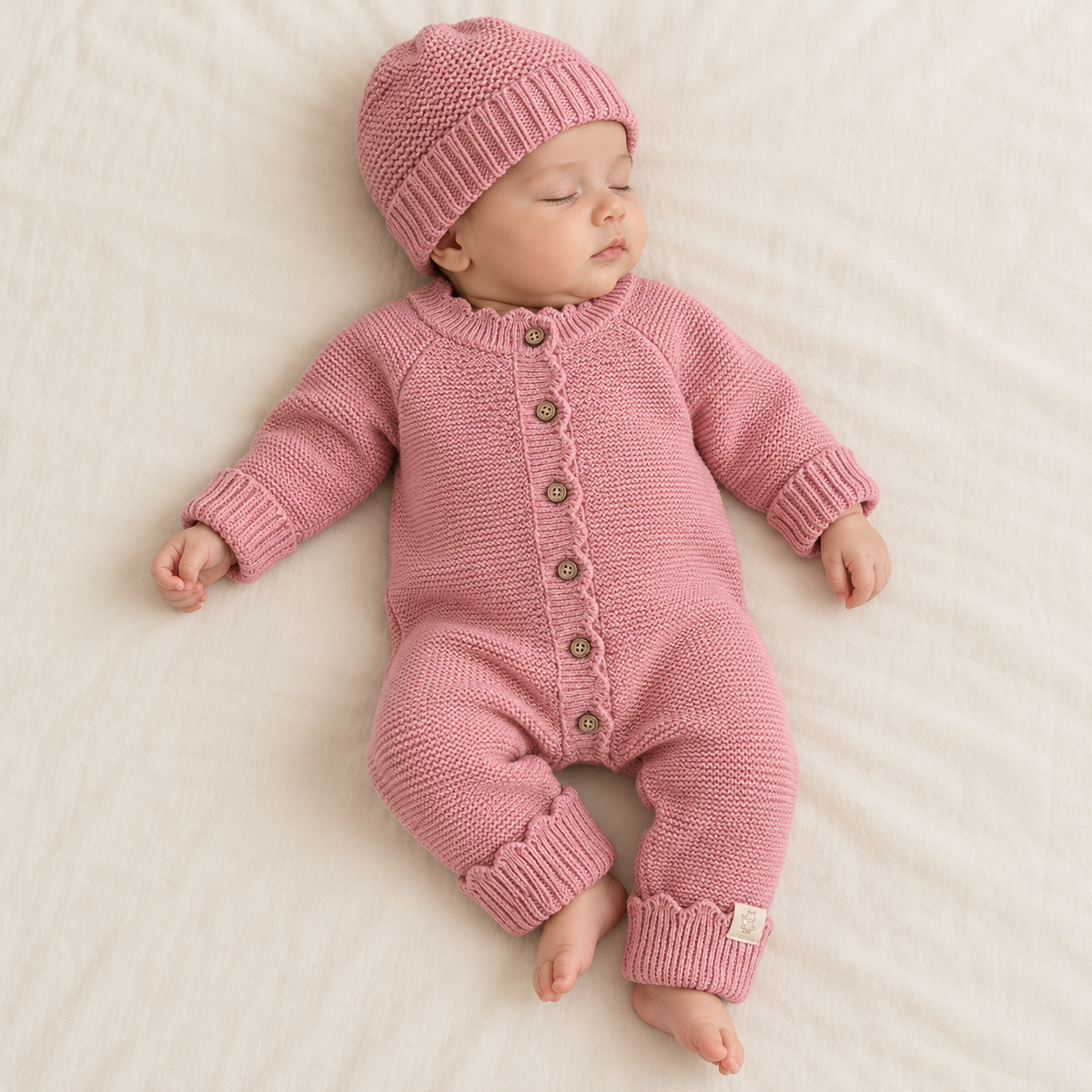 Sfeerbeeld van baby in roze Luna pakje en mutsje